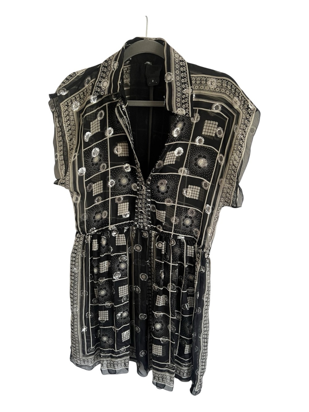 ANNA SUI Black Cream & Silver Embroidery Sheer Silk Mix Summer Dress US 2